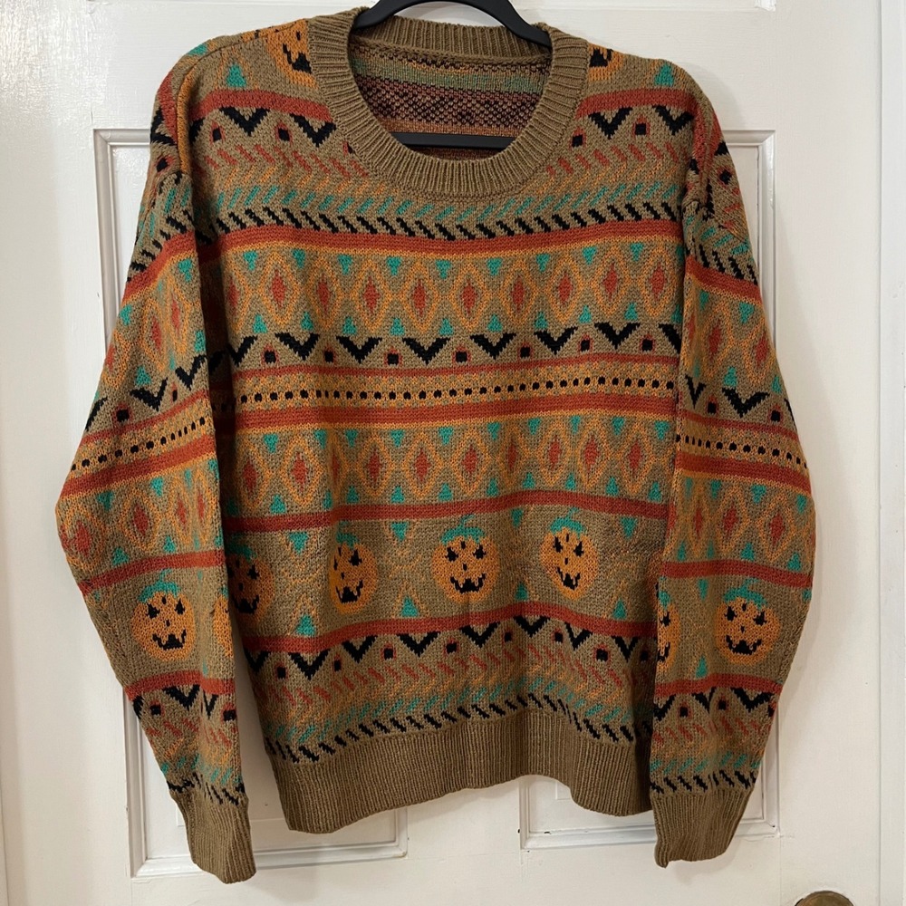 ROMWE Pumpkin Halloween Sweater Womens S Relaxed Fit Brown Fair Isle Spooky Fall